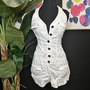 Y2K XOXO white mini short romper with button-up front and pockets #y2k #xoxo